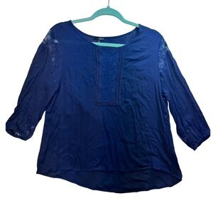 Chloah Lace Trim Blouse 3/4 Sleeve Top Casual Elegant Blue Size M